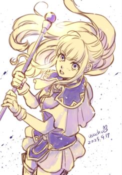 1girl artist_name breasts capelet clarine_(fire_emblem) commentary_request cowboy_shot dated dress fire_emblem fire_emblem:_the_binding_blade floating_hair gloves highres holding holding_staff long_hair looking_at_viewer nintendo open_mouth ponytail purple_eyes simple_background sketch skirt small_breasts solo staff usachu_now white_background