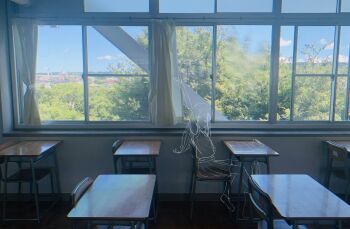 1girl absurdres classroom closed_eyes gakuen_idolmaster harubaru_2424 highres idolmaster photo_background school_uniform shinosawa_hiro sitting