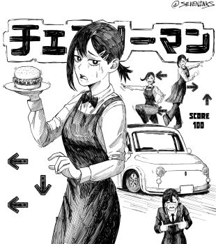 1girl apron blush bow bowtie breasts burger car chainsaw_man closed_eyes commentary copyright_name crosshatching crying dancing food formal_clothes frown greyscale hair_ornament hairclip hatching_(texture) higashiyama_kobeni highres holding holding_plate index_fingers_together jacket kobeni's_car_(chainsaw_man) medium_breasts mole mole_under_eye mole_under_mouth monochrome motor_vehicle multiple_moles necktie nervous_sweating open_mouth plate ponytail seveninks short_ponytail single_sidelock standing standing_on_one_leg streaming_tears suit sweat tears traditional_bowtie twitter_username