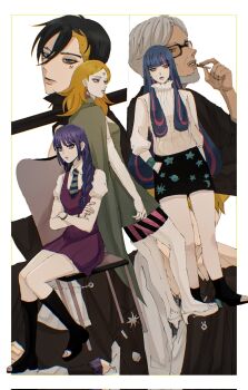 3girls 4boys ada_(naruto) beard black_hair black_shorts blonde_hair blue_hair boots boruto:_two_blue_vortex bracelet breasts cape chair cigarette code_(naruto) commentary_request corrupted_twitter_file crossed_arms delta_(boruto) dress earrings expressionless facial_hair facial_mark forehead_mark glasses green_cape green_dress grey_hair high_heel_boots high_heels highres holding holding_cigarette ifevilwhyuhot jewelry kakei_sumire kawaki_(boruto) knee_boots long_hair medium_breasts mole mole_under_each_eye mole_under_eye multicolored_hair multiple_boys multiple_girls multiple_moles naruto_(series) open-toe_boots orange-tinted_eyewear pantyhose pink_hair polearm purple_dress sanzu_amado short_dress shorts sitting streaked_hair striped_clothes striped_pantyhose sweater thigh_boots tinted_eyewear triangle_earrings two-tone_hair undercut uzumaki_boruto vertical-striped_clothes vertical-striped_pantyhose weapon white_boots white_sweater