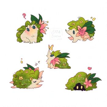 Rule 34 | ?, bug, butterfly, closed eyes, commentary, english commentary, flower, gen 4 pokemon, heart, highres, insect, leaf, legendary pokemon, lying, multiple views, mythical pokemon, nintendo, no humans, on stomach, pink flower, pokemon, pokemon (creature), shaymin, shaymin (land), simple background, sitaart, sleeping, squeans, u u, watermark, white background, yellow butterfly, zzz