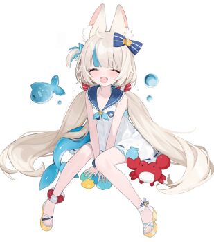 Rule 34 | 1girl, ahoge, animal ear fluff, animal ears, between legs, bikini, bikini under clothes, blonde hair, blue bikini, blue bow, blue hair, blue sailor collar, blunt bangs, bow, cat ears, closed eyes, commentary, crab, dress, english commentary, facing viewer, fangs, fins, fish, fish girl, fish tail, frilled shirt collar, frills, full body, hair bow, halterneck, hand between legs, highres, hoshi usagi, indie virtual youtuber, kaniki (sameko saba), long hair, low twintails, multicolored hair, one side up, open mouth, sailor collar, sameko saba, sameko saba (fish), sandals, simple background, sitting, sleeveless, sleeveless dress, smile, solo, streaked hair, striped bikini, striped clothes, swimsuit, tail, toes, twintails, very long hair, virtual youtuber, white background, white dress