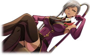 1girl artist_request asymmetrical_hair bare_shoulders belt black_skirt black_thighhighs breasts buttons coat code_geass code_geass:_lost_stories collared_shirt covered_navel cropped_legs crossed_legs dark-skinned_female dark_skin dutch_angle elbow_gloves female_focus game_cg gloves grey_hair hand_up high_ponytail highres lapel_pin large_breasts lipstick long_hair looking_at_viewer makeup military_uniform miniskirt necktie non-web_source official_art on_stool parted_lips pencil_skirt ponytail purple_coat purple_gloves purple_lips red_necktie shirt side_ponytail sidelocks simple_background sitting skirt sleeveless sleeveless_coat sleeveless_shirt solo stool teeth thighhighs thighs transparent_background v-shaped_eyebrows very_long_hair villetta_nu white_shirt yellow_eyes zettai_ryouiki