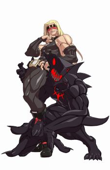 1boy 1girl 3d arc_system_works belt blindfold blonde_hair choker detached_sleeves eddie_(guilty_gear) fangs guilty_gear guilty_gear_xrd highres long_hair monster muscular official_art smile textless_version zato-1