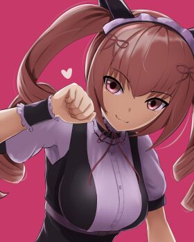 1girl :3 akiha_rumiho animal_ear_hairband animal_ears belt_around_waist belt_buckle buckle cat_ears commentary_request drill_hair fake_animal_ears frills hairband long_hair looking_at_viewer maid maid_headdress mayqueen_maid_uniform paw_pose pink_eyes pink_hair puffy_short_sleeves puffy_sleeves sauku science_adventure short_sleeves smile solo steins;gate tsurime twin_drills twintails