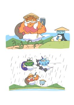 bird closed_mouth crossed_arms eiscue eiscue_(ice) eiscue_(noice) farm farmer gen_5_pokemon gen_8_pokemon hat hoe igwjgsarifbfo9u landorus landorus_(incarnate) legendary_pokemon nintendo outdoors penguin pokemon pokemon_(creature) pokemon_focus rain rice_hat thundurus thundurus_(incarnate) tools tornadus tornadus_(incarnate) water_drop