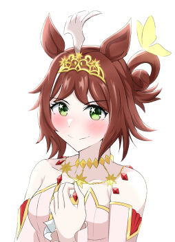 Rule 34 | 1girl, absurdres, abyss kpn (ki), ahoge, animal ears, bare shoulders, blush, brown hair, bug, butterfly, collarbone, commentary, detached sleeves, green eyes, hair bun, highres, horse ears, horse girl, insect, jewelry, looking at viewer, necklace, official alternate costume, rhein kraft (eternal fairytale) (umamusume), rhein kraft (umamusume), simple background, smile, solo, star (symbol), star in eye, symbol in eye, tiara, umamusume, upper body, white background