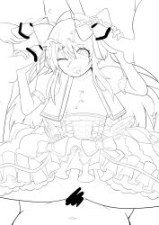 Rule 34 | 1girl, 5boys, censored, chaos marie (grimms notes), collarbone, cowgirl position, cum, cum in mouth, cum on chest, double handjob, dress, flower, frills, gouhourairaku (goohourairaku), gradient hair, grimms notes, group sex, hair ribbon, handjob, lineart, long hair, mosaic censoring, multicolored hair, multiple boys, nipples, one eye closed, open clothes, penis, pink background, puffy sleeves, red flower, red rose, ribbon, rose, sex, simple background, solo focus, straddling, surrounded by penises, unfinished, vaginal, wings