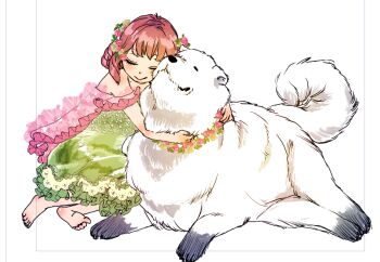 1girl anya_(spy_x_family) arms_around_neck bare_shoulders barefoot bond_(spy_x_family) child closed_eyes closed_mouth dog dress flower flower_necklace full_body green_dress hair_flower hair_ornament jewelry lei light_blush medium_hair necklace pink_hair pink_shawl shawl sitting smile spy_x_family white_background yuka_tech_sf