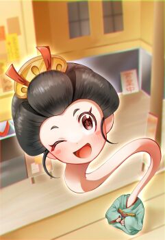 1girl aqua_kimono black_hair commentary_request highres itsuaro_15 japanese_clothes kimono kneeling long_neck looking_at_viewer one_eye_closed open_mouth rokurokubi_(youkai_watch) short_hair solo youkai_(youkai_watch) youkai_watch