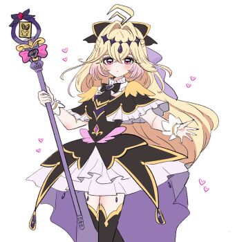 Rule 34 | 1girl, antenna hair, black capelet, black dress, blonde hair, brooch, capelet, closed mouth, commentary request, cure arcana shadow, diamond hairband, dress, frilled capelet, frilled cuffs, frills, hair intakes, heart, heart brooch, highres, hoka inu, holding, holding rod, jewelry, long hair, looking at viewer, magical girl, meitantei precure!, moria luluka, pink eyes, precure, purple veil, rod, tear arcana rod, thighhighs, veil, very long hair, zettai ryouiki