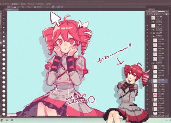 1girl :o ahoge bow buttons chiru_da clip_studio_paint cursor dated desktop_mate drill_hair feet_out_of_frame foreground_text grey_jacket grey_skirt hair_between_eyes hair_bow hands_on_own_face hands_up jacket kasane_teto kasane_teto_(sv) long_sleeves looking_at_viewer open_mouth red_eyes red_hair shoulder_belt signature skirt synthesizer_v twin_drills user_interface white_bow