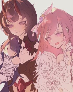 Rule 34 | 2girls, acheron (honkai: star rail), character doll, closed mouth, commentary, company connection, cyrene (demiurge) (honkai: star rail), cyrene (honkai: star rail), doll, elysia (herrscher of human: ego) (honkai impact), elysia (honkai impact), english commentary, highres, holding, holding doll, honkai: star rail, honkai (series), horns, hourly elymei, inoue marina, multiple girls, open mouth, pink eyes, pink hair, purple eyes, raiden mei, raiden mei (herrscher of thunder), red horns, sawashiro miyuki, smile, unfinished, voice actor connection, yanning