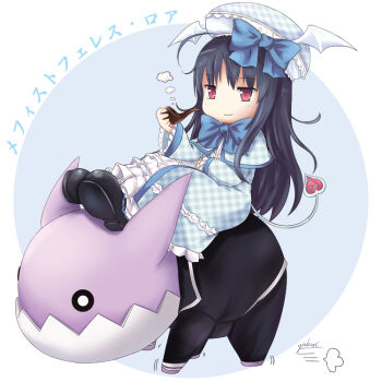 Rule 34 | 1girl, artist name, black boots, black hair, black suit, blue capelet, blue jacket, blue necktie, blue ribbon, boots, capelet, character name, checkered capelet, checkered clothes, checkered jacket, chibi, dress, emil chronicle online, familiar, formal clothes, frilled dress, frilled hat, frills, hair ribbon, hat, heart, heart tail, holding, holding smoking pipe, jacket, long hair, mephistopheles lore, necktie, red eyes, ribbon, riding, riding animal, signature, smoking pipe, suit, tail, unkempt, white dress, white hat, winged hat, yukuri