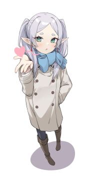 1girl absurdres black_pantyhose blowing_kiss blue_scarf boots brown_boots coat earrings elf floating_earrings frieren full_body green_eyes hand_on_own_hip heart highres jewelry knee_boots long_hair long_sleeves looking_at_viewer pantyhose parted_bangs pointy_ears profnote scarf short_eyebrows simple_background solo sousou_no_frieren standing thick_eyebrows twintails white_background white_coat white_hair