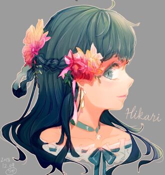 1girl 2018 aqua_choker artist_name blue_eyes blue_hair braid character_name choker closed_mouth collarbone dark_blue_hair dated dawn_(pokemon) earrings flower grey_background hair_flower hair_ornament highres jewelry long_hair nintendo pink_lips pokemon pokemon_dppt r.aka. red_flower smile solo upper_body