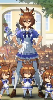 6+girls absurdres agnes_tachyon_(umamusume) ahoge animal_ears brown_hair chibi clone commentary commentary_request daiwa_scarlet_(umamusume) deformed earrings franz2543 hair_between_eyes hands_on_own_hips highres horse_ears horse_girl horse_tail jewelry jungle_pocket_(umamusume) lab_coat long_sleeves manhattan_cafe_(umamusume) mini_person minigirl multiple_girls multiple_persona red_eyes school_uniform shirt single_earring standing surrounded tail thighhighs too_many too_many_clones tracen_school_uniform tree umamusume umayuru white_thighhighs zettai_ryouiki