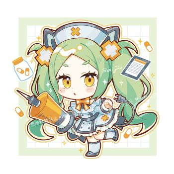 1girl black_shoes blue_hat blush bow bowtie chibi chibi_only commentary dot_nose dress frilled_sleeves frills full_body grey_socks hat highres holding holding_syringe kneehighs long_hair long_sleeves looking_at_viewer open_mouth orange_bow orange_bowtie original outline parted_bangs pill saijo1201 shoes sidelocks signature socks solo sparkle standing standing_on_one_leg striped_bow striped_bowtie striped_clothes syringe thick_eyebrows twintails very_long_hair watermark white_background white_dress yellow_eyes