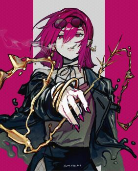 1girl absurdres black_jacket cigar commentary_request cowboy_shot double-parted_bangs earrings eyewear_on_head fingernails grey_shirt hair_between_eyes highres holding jacket jewelry long_sleeves looking_at_viewer mole mole_under_eye mouth_hold nail_polish open_clothes open_jacket original parted_lips purple_eyes purple_hair purple_nails round_eyewear shirt short_hair smoke smoke_trail solo srt_rice_ball sunglasses