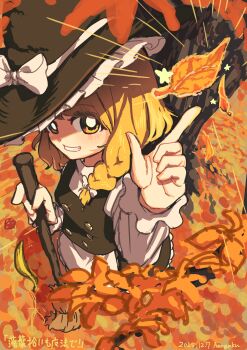 Rule 34 | 1girl, absurdres, apron, artist name, autumn leaves, black hat, black skirt, black vest, blonde hair, bow, braid, braided sidelock, broom, commentary request, dated, emphasis lines, falling leaves, frilled skirt, frills, hair bow, hangaku th, hat, highres, holding, holding broom, index finger raised, kirisame marisa, leaf, long hair, looking at viewer, shirt, skirt, smile, solo, touhou, vest, white apron, white bow, white shirt, witch hat, yellow eyes