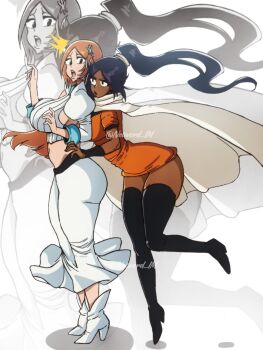 01leteo 2girls black_thighhighs bleach bleach:_sennen_kessen-hen breasts brown_eyes cape cleavage cleavage_cutout clothing_cutout colorized dark-skinned_female dark_skin detached_sleeves full_body hair_ornament hairclip inoue_orihime large_breasts long_hair midriff multiple_girls navel official_alternate_costume orange_hair parted_bangs ponytail puffy_sleeves purple_hair shihouin_yoruichi snowflake_hair_ornament stomach thighhighs thighs yellow_eyes