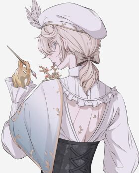1boy androgynous beret bishounen black_corset blonde_hair blue_eyes bow brown_bow colored_extremities corset edgar_valden edgar_valden_(golden_ratio) floral_print frilled_sleeves frills gold_trim gradient_capelet hair_bow half_capelet hat hat_feather highres identity_v jitome ki_(01ki) looking_at_viewer looking_back low_ponytail male_focus medium_hair official_alternate_costume paintbrush ponytail print_corset puffy_sleeves solo trap white_hat
