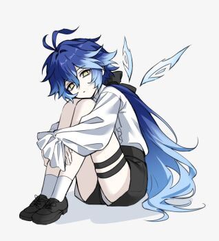 1boy antenna_hair black_shoes black_shorts blue_hair closed_mouth commentary double-parted_bangs english_commentary flins_(genshin_impact) frilled_shirt frilled_sleeves frills genshin_impact gradient_hair hair_between_eyes highres hugging_own_legs long_hair long_sleeves looking_at_viewer male_focus multicolored_hair rio_(rio773) shirt shirt_tucked_in shoes shorts simple_background sitting socks solo very_long_hair white_background white_shirt white_socks wings yellow_eyes