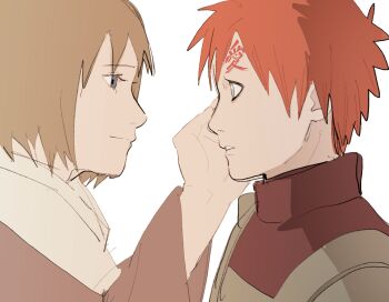 Rule 34 | 1boy, 1girl, absurdres, brown hair, closed mouth, eyelashes, from side, gaara (naruto), grey eyes, hand on another's face, highres, karura (naruto), long sleeves, looking at another, mother and son, naruto (series), naruto shippuuden, parted lips, pnpk 1013, red hair, short hair, smile, white background