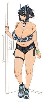 animal_print antenna_hair areola_slip black_hair breasts camisole collar commentary cow_print curvy highres hitomoji_momotarou horns huge_breasts midriff mole mole_on_breast mole_on_stomach mole_on_thigh mole_under_mouth multiple_moles original pointy_ears shoes short_hair short_shorts shorts sneakers standing strap_slip thigh_strap untranslatable_commentary yellow_eyes
