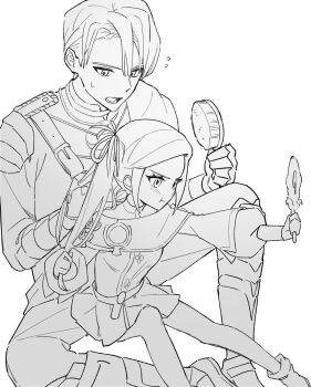 Rule 34 | 1boy, 1girl, age difference, aged down, annoyed, brushing another's hair, brushing hair, capelet, closed mouth, commentary, couple, dimitri alexandre blaiddyd, dress, edelgard von hresvelg, edelgard von hresvelg (young), fire emblem, fire emblem: three houses, flying sweatdrops, from side, garreg mach monastery uniform, hair between eyes, hair brush, hair ribbon, hand mirror, highres, holding, holding brush, holding mirror, ikaikakka, knees up, light blush, long hair, long sleeves, looking at mirror, looking down, mirror, monochrome, nervous sweating, nintendo, pants, pout, ribbon, sitting, sweat, sweatdrop, swept bangs, twintails, upper body, white background, wide sleeves