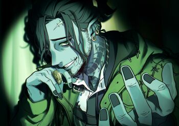 1boy absurdres beard black_hair black_nails chinstrap_beard coin collared_shirt colored_skin ear_piercing facial_hair green_eyes green_jacket grey_skin high_ponytail highres holding holding_coin hood hooded_jacket jacket looking_at_viewer male_focus mature_male multiple_piercings neck_tattoo open_clothes open_jacket piercing ponytail s_tuki3 scar scar_on_face scar_on_forehead scar_on_mouth shirt short_ponytail smile solo spotlight swing_(twisted_wonderland) tattoo twisted_wonderland upper_body white_shirt