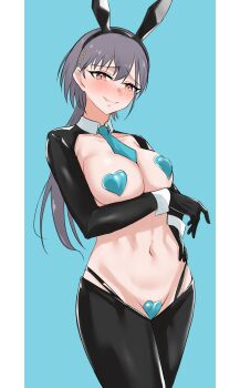 1girl alternate_costume animal_ear_hairband animal_ears arm_under_breasts black_gloves black_hairband black_shrug black_thighhighs blue_background blue_necktie breasts cleavage collarbone collared_shrug commentary fake_animal_ears gloves hairband heart_maebari highres ixianim katsuragi_izumi large_breasts link!_like!_love_live! love_live! maebari navel necktie rabbit_ear_hairband rabbit_ears reverse_bunnysuit reverse_outfit shrug_(clothing) simple_background solo stomach thighhighs virtual_youtuber