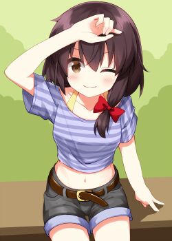 Rule 34 | 1girl, ;), arm up, belt, blue shirt, blush, bow, brown belt, brown bow, brown hair, closed mouth, collarbone, commentary request, cowboy shot, crop top, cropped shirt, green background, grey shorts, hair bow, highres, looking at viewer, medium hair, midriff, navel, one eye closed, red bow, ruu (tksymkw), shirt, short sleeves, shorts, smile, solo, striped clothes, striped shirt, touhou, usami renko