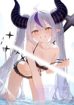 Rule 34 | 1girl, ahoge, bikini, bikini day, blush, breasts, censored, collarbone, commentary request, frilled bikini, frills, highres, hololive, horns, la+ darknesss, long hair, motoi (croa76), multicolored hair, navel, pointy ears, small breasts, solo, streaked hair, swimsuit, twintails, unfinished, virtual youtuber, watermark, white background, yellow eyes