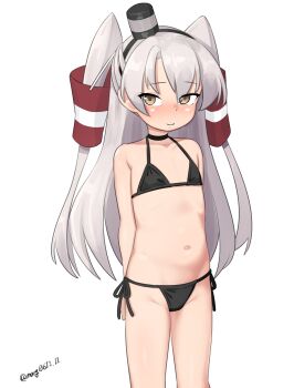 1girl absurdres amatsukaze_(kancolle) arms_behind_back bikini black_bikini brown_hair feet_out_of_frame flat_chest grey_hair hair_tubes hat highres kantai_collection loli maru_(marg0613) mini_hat navel one-hour_drawing_challenge side-tie_bikini_bottom simple_background smokestack_hair_ornament solo swimsuit two_side_up white_background