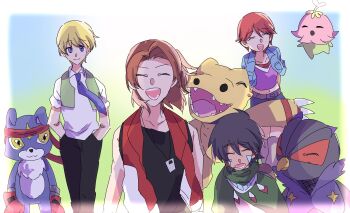 1girl 3boys absurdres agumon_(digimon_savers) belt bird daimon_masaru_(digimon_savers) digimon digimon_(creature) digimon_savers dog falcomon_(digimon_savers) fujieda_yoshino gaomon gotm_tknr highres lalamon multiple_boys noguchi_ikuto plant short_hair thoma_h._norstein