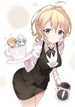 1girl ahoge angry animal animal_on_head aoyama_blue_mountain bartender blonde_hair blue_hair bow bowtie coffee coffee_mug coffee_pot cup female_focus gochuumon_wa_usagi_desu_ka? grey_eyes hair_ornament highres holding hoto_cocoa in_container in_cup kafuu_chino leaning_forward long_hair looking_at_viewer mini_person minigirl mug on_head pencil_skirt ponytail rabbit rabbit_on_head saucer shiny_skin short_hair skirt skirt_set smile solo striped_bow tippy_(gochiusa) tippy_(gochuumon_wa_usagi_desuka?) vest white_background