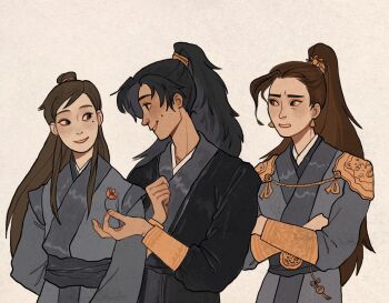3boys armor belt black_hair black_hanfu blue_hanfu bracer brown_eyes brown_hair chinese_clothes commentary crossed_arms dark-skinned_male dark_skin dimple english_commentary erha_he_ta_de_bai_mao_shizun eye_contact flower grey_eyes hanfu high_ponytail highres long_hair looking_at_another male_focus mo_ran mole mole_under_eye multiple_boys ponytail red_flower shi_mei shoulder_armor smile tassel white_background xiao_guan_(headdress) xue_meng yaoi yaroslava_murashko