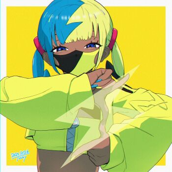 1girl blonde_hair blue_eyes blue_hair blue_nails canari_(pokemon) chromatic_aberration commentary crop_top cropped_jacket dated eyebrows_hidden_by_hair film_grain highres lightning_bolt_symbol mask midriff mouth_mask multicolored_hair nintendo pokemon pokemon_legends:_z-a sidelocks signature solo split-color_hair tocky twintails two-tone_hair untranslatable_commentary upper_body yellow_nails