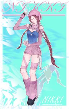 1girl absurdres aqua_background argyle_clothes argyle_shorts asymmetrical_gloves bandaged_leg bandages beanie black_gloves black_shoes blue_tank_top border braid brown_hair chinese_commentary closed_eyes closed_mouth commentary_request copyright_name detached_sleeves fingerless_gloves four-pointed_star full_body gloves happy hat headphones headphones_around_neck highres infinity_nikki jewelry knees leg_warmers legband lipstick loafers long_hair long_shadow long_sleeves low_twin_braids makeup mismatched_gloves necklace nikki_(series) outline pink_gloves pink_hat pink_leg_warmers pink_lips pink_shorts pink_sleeves shoes shorts smile solo standing star_(symbol) star_necklace stylist_(nikki) tank_top twin_braids very_long_hair white_border white_outline zhier