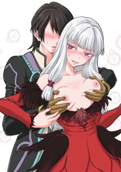 1boy 1girl absurdres agria_(tales) black_hair blunt_bangs blush breasts clothes_pull coat collarbone commission dress dress_pull faceless faceless_male freckles fur-trimmed_dress fur_trim gloves grin groping hair_rings hetero highres jude_mathis long_hair long_sleeves looking_back low-tied_sidelocks open_mouth purple_eyes red_dress short_hair sidelocks simple_background small_breasts smile surcoat sweat tales_of_(series) tales_of_xillia umehime white_background white_hair