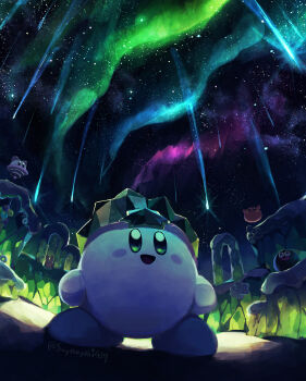 absurdres apolo_(kirby) artist_name aurora bandana_waddle_dee bobo_(kirby) bouncy_(kirby) bronto_burt cairn chip_(kirby) crystal elfilin foley_(kirby) glunk_(kirby) gooey_(kirby) gordo highres ice_kirby jobski kirby kirby_(series) kirby_and_the_forgotten_land looking_up mariel_(kirby) night night_sky nintendo no_humans outdoors plugg_(kirby) polof scarfy sky smile star_(sky) starry_sky suyasuyabi twitter_username ufo_(kirby) warp_star