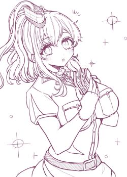 1girl blush breast_pocket breasts commentary_request dress fingerless_gloves food gloves hair_between_eyes hair_ornament highres holding holding_food holding_sandwich kantai_collection large_breasts looking_at_viewer monochrome nagi_kantai114 notice_lines parted_lips pocket ponytail sandwich saratoga_(kancolle) short_sleeves simple_background sketch smokestack_hair_ornament solo sparkle upper_body