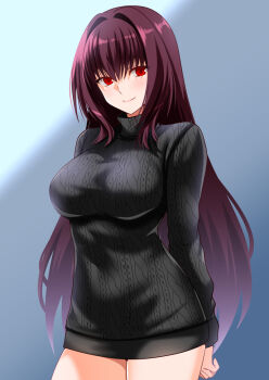 1girl black_sweater blush breasts commentary_request engo_(aquawatery) fate/grand_order fate_(series) large_breasts long_hair long_sleeves looking_at_viewer purple_hair red_eyes scathach_(fate) smile solo sweater turtleneck turtleneck_sweater