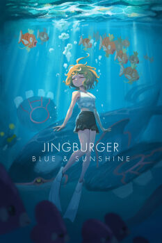 1girl absurdres ah-ro-wan ahoge air_bubble bare_arms black_shorts blonde_hair breasts bubble character_name closed_eyes closed_mouth commentary english_text fish flippers freediving gen_1_pokemon gen_3_pokemon green_hair highres holding_breath isegye_idol jingburger korean_commentary kyogre legendary_pokemon magikarp nintendo pokemon pokemon_(creature) shirt short_hair shorts sleeveless sleeveless_shirt smile submerged swimming underwater virtual_youtuber waktaverse white_shirt