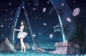 10s 1girl barefoot brown_eyes brown_hair clock dress female_focus gradient_background idolmaster idolmaster_cinderella_girls long_hair shimamura_uzuki side_ponytail solo yakka