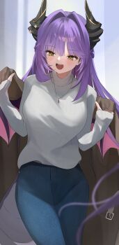 1girl :d black_horns blue_pants coat commentary cowboy_shot denim hair_ears highres holding holding_unworn_clothes horns jageunson jeans jewelry long_hair long_sleeves necklace open_mouth pants purple_hair sakihane_huya smile solo standing stellive straight_hair sweater sweater_tucked_in symbol-only_commentary turtleneck turtleneck_sweater unworn_coat virtual_youtuber white_sweater wings yellow_eyes