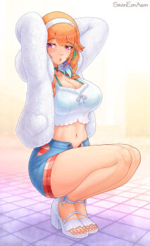 1girl arms_up artist_name bare_legs blue_shorts blush bra breasts choker cleavage collarbone commentary english_commentary eon_sean eyelashes feet full_body fur_jacket green_bra green_choker green_hair hairband highres hololive hololive_english jacket large_breasts legs long_hair looking_at_viewer midriff multicolored_hair navel open_mouth orange_hair pink_eyes purple_eyes sandals short_shorts shorts solo squatting strappy_heels streaked_hair takanashi_kiara tile_floor tiles toenails toes underwear virtual_youtuber white_hairband white_jacket white_sandals