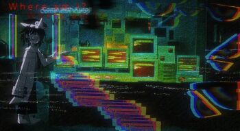 1other abstract akddk263go69975 alternate_costume androgynous black_hair black_hat black_pants black_shirt commentary dark english_commentary english_text faceless frilled_headwear full_body glitch grey_shoes hat horror_(theme) indoors lab_coat laboratory len&#039;en long_sleeves mob_cap monitor other_focus pants shirt shitodo_kuroji shoes short_hair sleeve_cuffs socks solo static triangular_headpiece turtleneck turtleneck_shirt white_socks