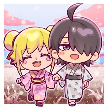 18_amamam 1boy 1girl :d ahoge animal_print araragi_koyomi arm_at_side bat_print black_hair black_sash black_shoes blonde_hair blue_sky blush_stickers border chibi closed_eyes commentary_request crescent_print dot_nose double_bun fangs full_body grass grey_eyes hair_bun hair_flaps hair_over_one_eye hair_ribbon hair_up hands_up highres holding_hands japanese_clothes kabukimonogatari kimono light_blush long_sleeves monogatari_(series) open_mouth oshino_shinobu outline outside_border pink_clouds pink_kimono pointy_ears print_kimono red_ribbon ribbon sandals sash shoes short_hair side-by-side sidelocks signature sky smile snowing vampire walking watermark white_border white_kimono white_outline wide_sleeves yellow_sash